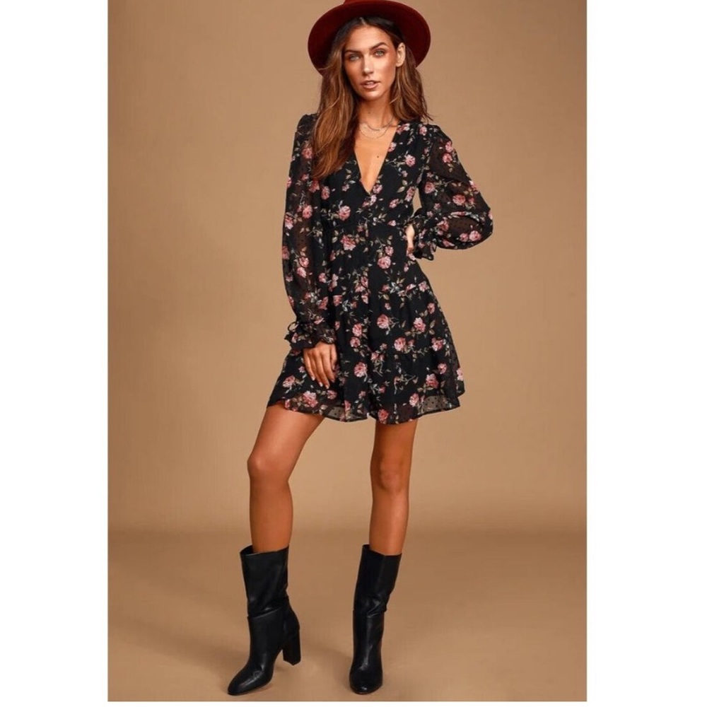 LULU’s Fleur-ty Girl Black Pink Floral Print V-Neck Long Sleeved Dress
